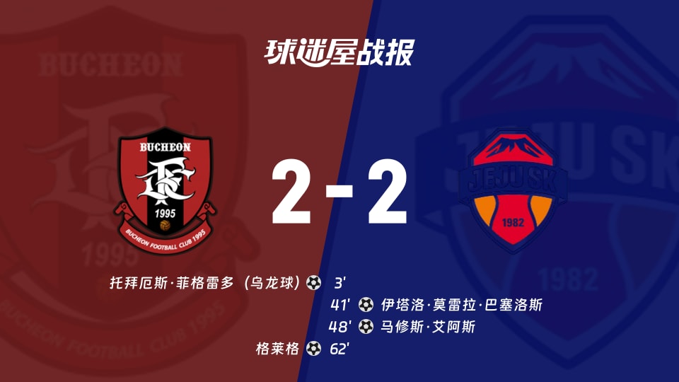 【韩K联联赛第29轮】富川FCvs济州SK比赛结果：富川FC(2-2)济州SK比分战报(2026年09月12日)