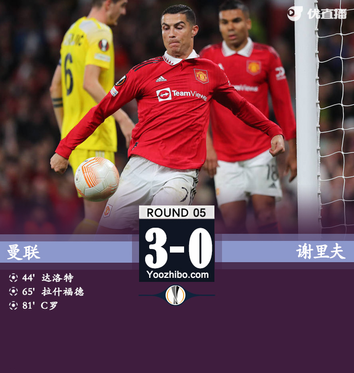 曼联3-0谢里夫 C罗建功达洛特拉什福德破门 