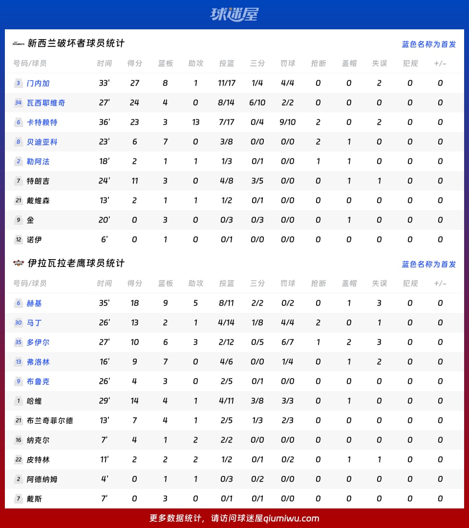 新西兰破坏者vs伊拉瓦拉老鹰球员数据