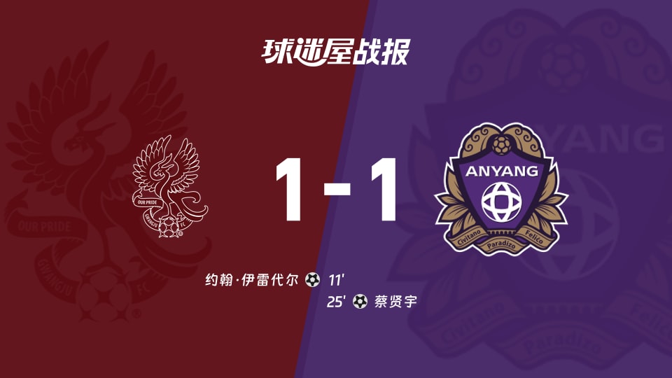 【韩K联联赛第29轮】光州FCvs安养FC比赛结果：光州FC(1-1)安养FC比分战报(2026年09月13日)
