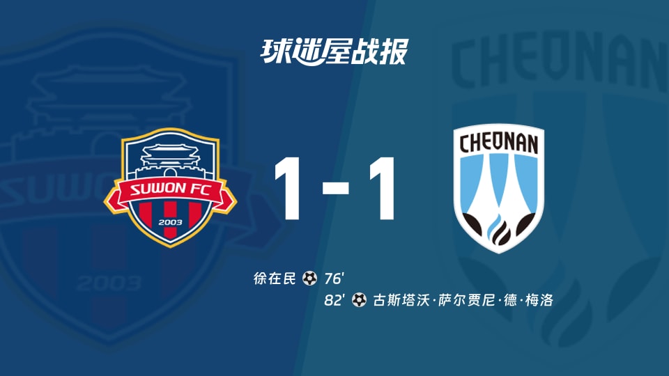 【韩K2联联赛第26轮】水原FCvs天安城比赛结果：水原FC(1-1)天安城比分战报(2026年09月13日)