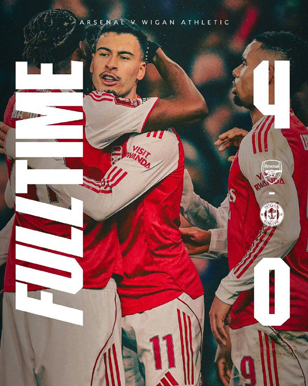 足总杯-阿森纳4-0维冈竞技 埃泽两助攻 热苏斯造两球