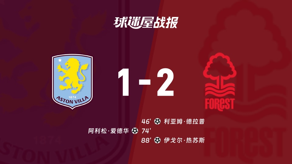 【英超联赛第4轮】阿斯顿维拉vs诺丁汉森林比赛结果:阿斯顿维拉(1-2)诺丁汉森林比分战报(2026年09月12日)