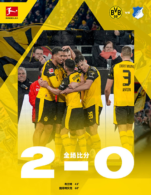 德甲-多特2-0霍芬海姆 布兰特破门施洛特贝克建功