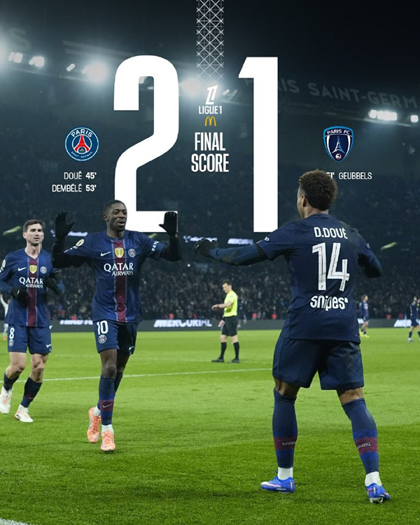 法甲-巴黎圣日耳曼2-1巴黎FC 杜埃破门 登贝莱建功