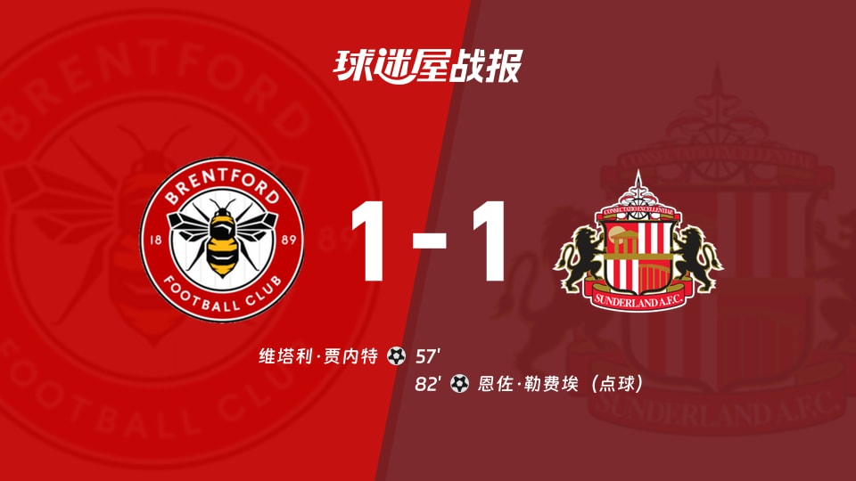 【英超联赛第3轮】布伦特福德vs桑德兰比赛结果：布伦特福德(1-1)桑德兰比分战报(2026年09月05日)