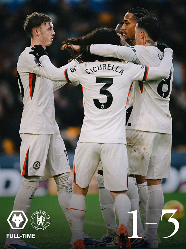 英超-切尔西3-1狼队 帕尔默戴帽 佩德罗2造点