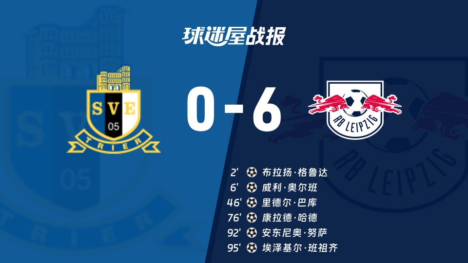 【德国杯第一圈】特里尔vsRB莱比锡比赛结果：特里尔(0-6)RB莱比锡比分战报(2026年08月23日)