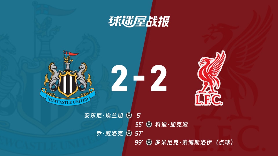 【英超联赛第1轮】纽卡斯尔联vs利物浦比赛结果：纽卡斯尔联(2-2)利物浦比分战报(2026年08月23日)
