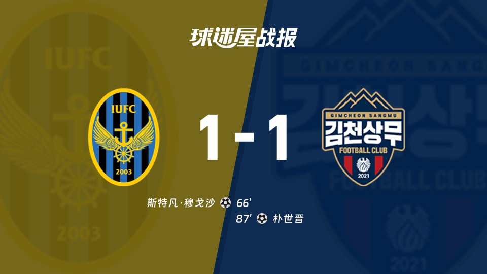 【韩K联联赛第23轮】仁川联vs金泉尚武比赛结果:仁川联(1-1)金泉尚武比分战报(2026年08月16日)
