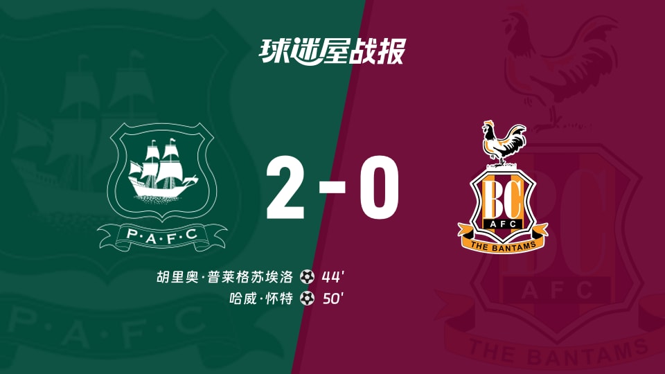 【英甲联赛第3轮】普利茅斯vs布拉德福德比赛结果：普利茅斯(2-0)布拉德福德比分战报(2026年08月29日)