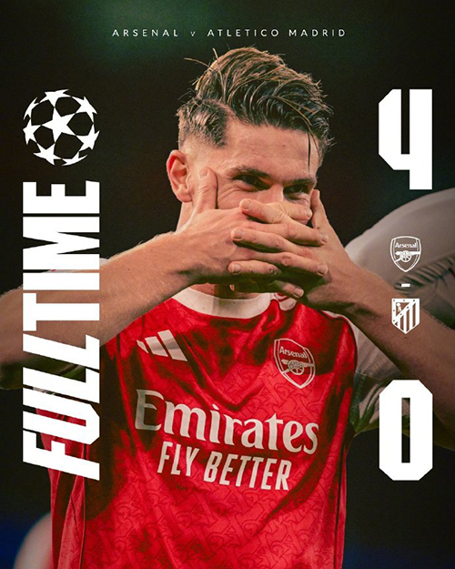 欧冠：阿森纳4-0马竞 约克雷斯双响 加布破门