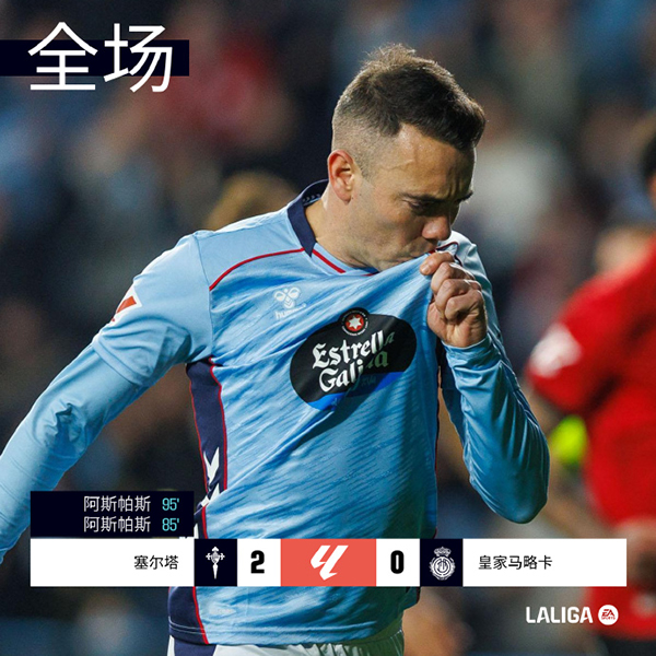 阿斯帕斯点射+补时绝杀 塞尔塔2-0击退马略卡终结四轮不胜