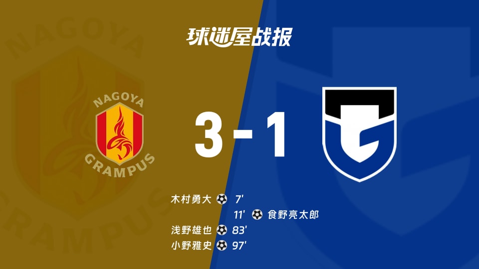 【日职联联赛第3轮】名古屋鲸鱼vs大阪钢巴比赛结果:名古屋鲸鱼(3-1)大阪钢巴比分战报(2026年08月22日)