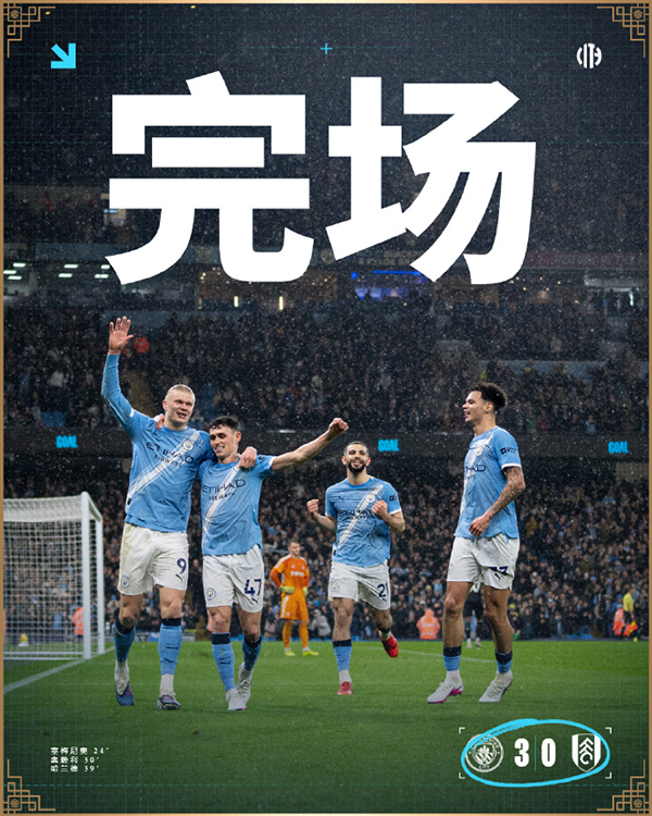 英超-曼城3-0富勒姆 塞梅尼奥传射 哈兰德、奥赖利破门