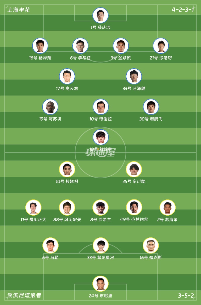 上海申花vs淡滨尼流浪者首发阵容