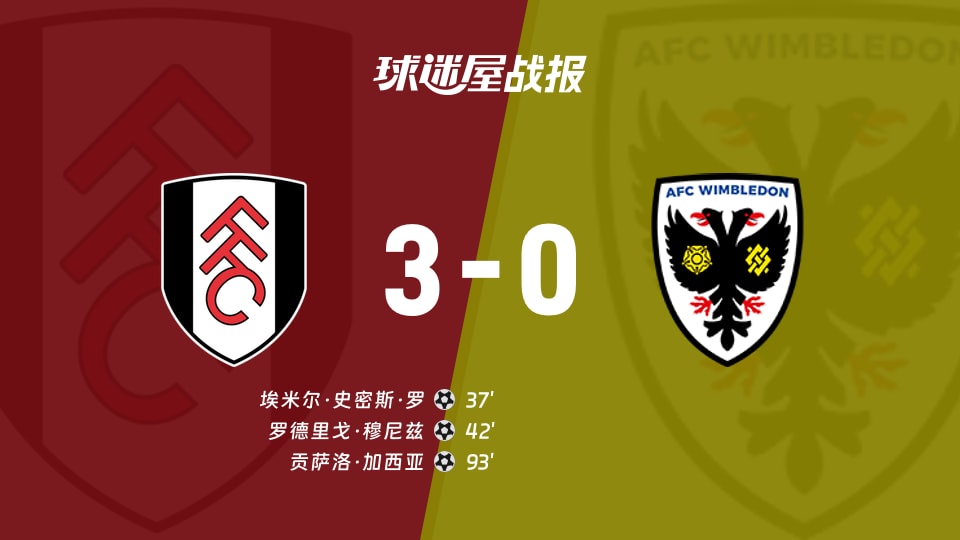 【英联杯第二轮】富勒姆vsAFC温布尔登比赛结果:富勒姆(3-0)AFC温布尔登比分战报(2026年08月28日)